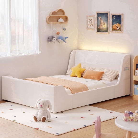 Seetech Full Size Platform Bed Frame with LED Lights, Velvet Upholstered Bed with Side Pocket, No Box Spring Needed, White