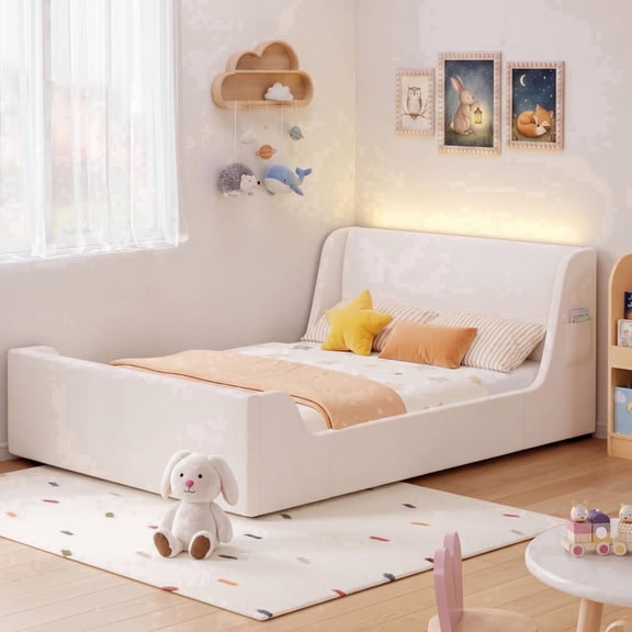Seetech Full Size Platform Bed Frame with LED Lights, Velvet Upholstered Bed with Side Pocket, No Box Spring Needed, White