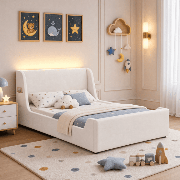 Seetech Full Size Platform Bed Frame with LED Lights, Velvet Upholstered Bed with Side Pocket, No Box Spring Needed, White