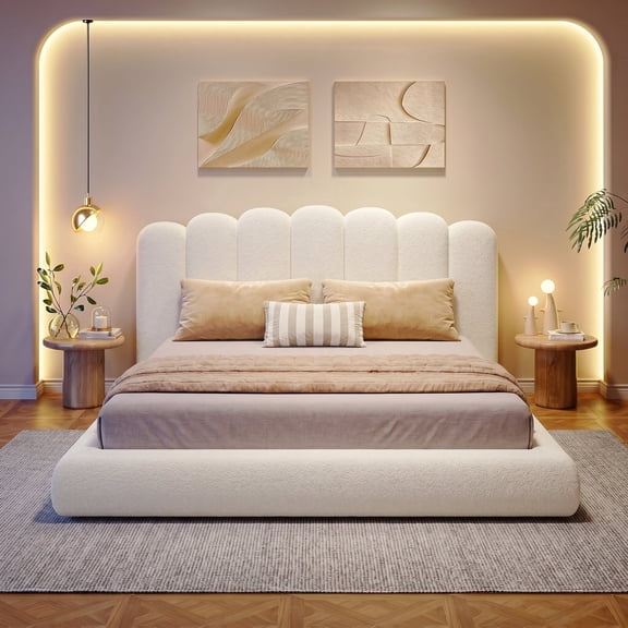 Seetech King Size Cloud Bed Frame, Upholstered Platform Bed with Wave Headboard, Soft Rounded Corners, No Box Spring Needed, Cream White