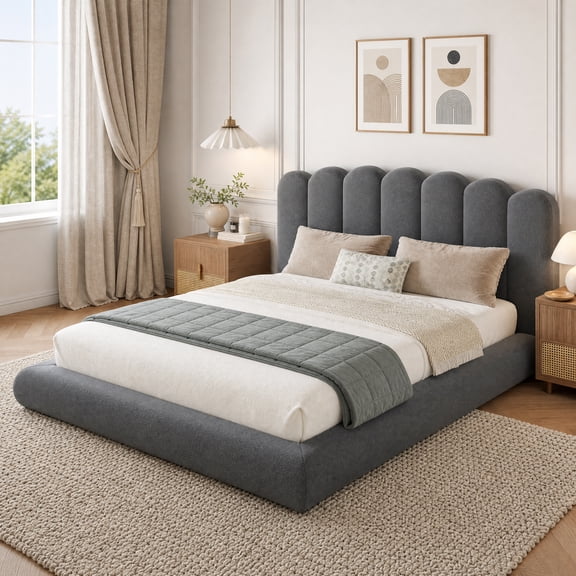 Seetech King Size Cloud Bed Frame, Upholstered Platform Bed with Wave Headboard, Soft Rounded Corners, No Box Spring Needed, Grey