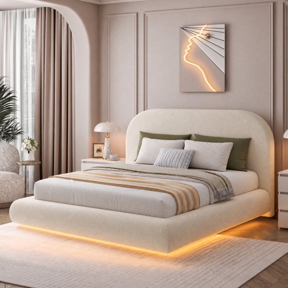 Seetech King Size Cloud Bed Frame with Upholstered Headboard, Floating Platform Bed with LED Lights, No Box Spring Needed, Beige