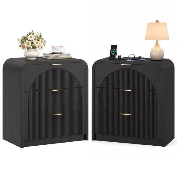 Seetech Nightstand Set of 2, Wooden Curved Bedside Table with 3 Drawers and Charging Station, Black