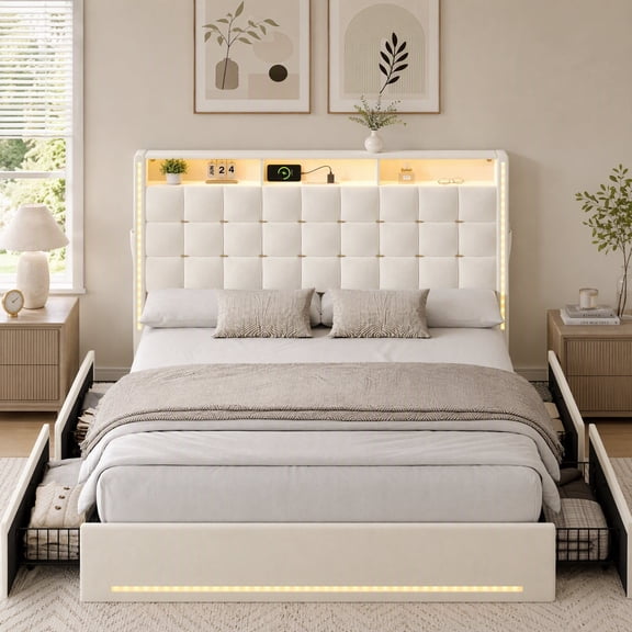 Seetech Queen Size Bed Frame with Storage Drawers, Velvet Upholstered Headboard, Charging Station and LED, Beige