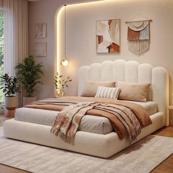 Seetech Queen Size Cloud Bed Frame, Upholstered Platform Bed with Wave Headboard, Soft Rounded Corners, No Box Spring Needed, Cream White