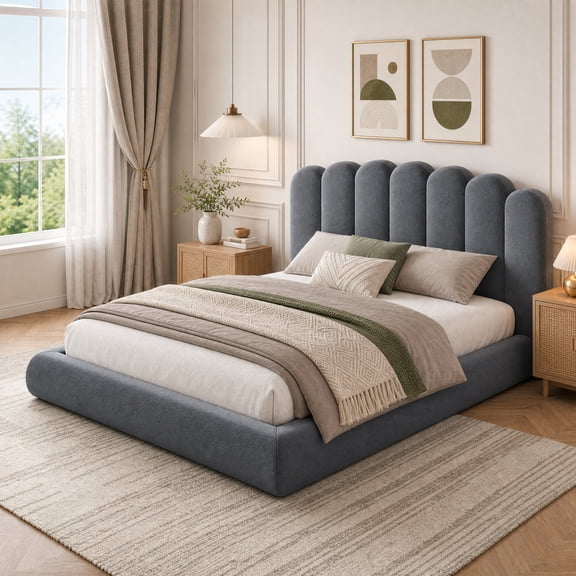 Seetech Queen Size Cloud Bed Frame, Upholstered Platform Bed with Wave Headboard, Soft Rounded Corners, No Box Spring Needed, Gray