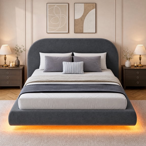 Seetech Queen Upholstered Floating Bed Frame with Headboard, Velvet Platform Bed with Adjustable RGB LED Lights, No Box Spring Needed, Gray