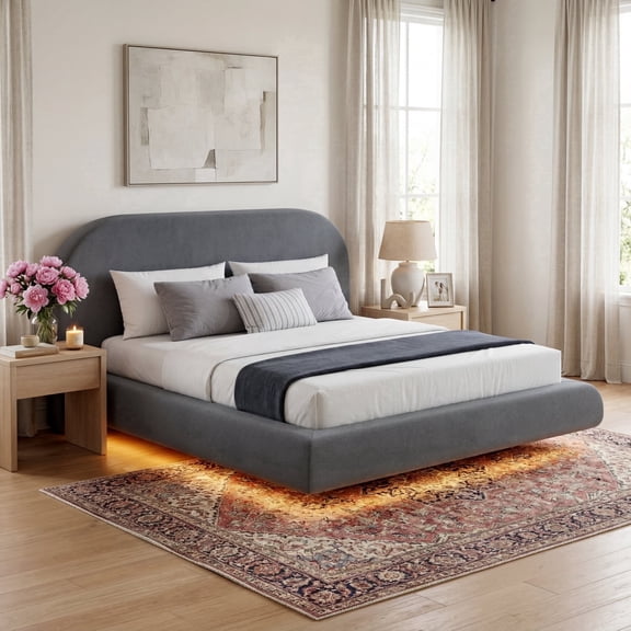 Seetech Queen Upholstered Floating Bed Frame with Headboard, Velvet Platform Bed with Adjustable RGB LED Lights, No Box Spring Needed, Gray