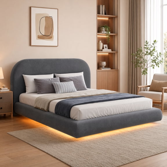 Seetech Queen Upholstered Floating Bed Frame with Headboard, Velvet Platform Bed with Adjustable RGB LED Lights, No Box Spring Needed, Gray