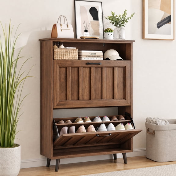 Seetech Shoe Storage Cabinet with 2 Flip Drawers and Open Shelf, Narrow Shoe Organizer for Entryway Hallway, Walnut