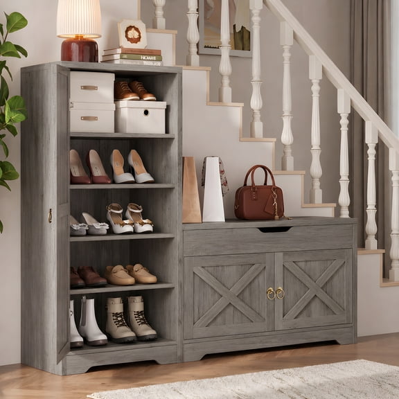 Seetech Shoe Storage Cabinet with Bench and Adjustable Shelves for Entryway, Hallway, Foyer, Grey
