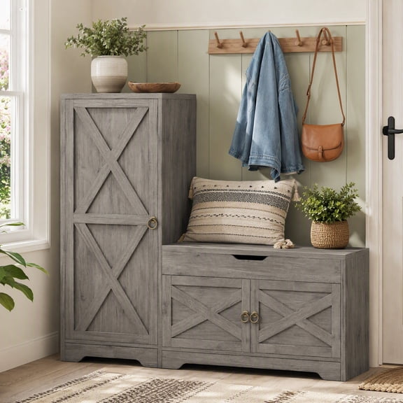 Seetech Farmhouse Shoe Storage Cabinet with Bench, L-Shaped Entryway Shoe Organizer Rack with Adjustable Shelves and a Lift Top Drawer, Gray