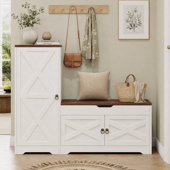Seetech Shoe Storage Cabinet with Bench and Adjustable Shelves for Entryway, Hallway, Foyer, White