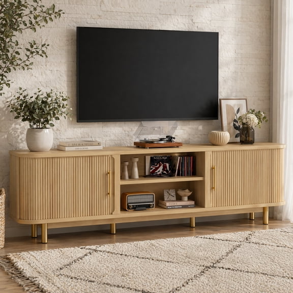 Seetech TV Stand for TVs up to 75 Inches, Modern Mid Century Entertainment Center with 2 Sliding Tambour Doors & Adjustable Shelves, Oak