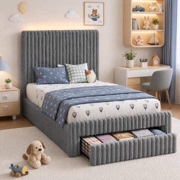 Seetech Twin Size Bed Frame with LED Light and Drawer, Faux-Fur Platform Bed with 44.5" High Headboard, No Box Spring Needed, Gray