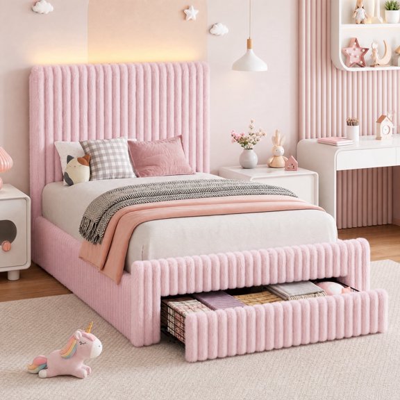 Seetech Twin Size Bed Frame with LED Light and Drawer, Faux-Fur Platform Bed with 44.5" High Headboard, No Box Spring Needed, Pink