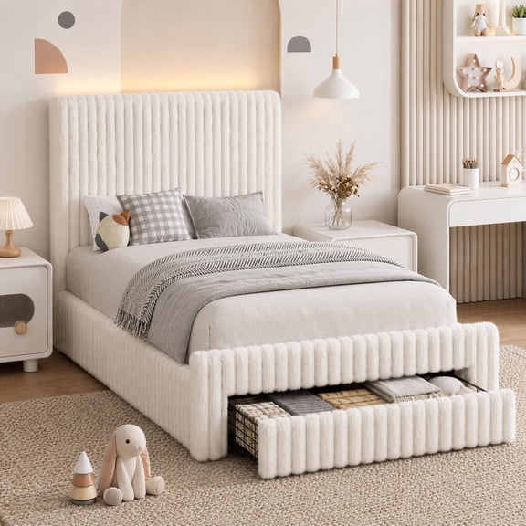Seetech Twin Size Bed Frame with LED Light and Drawer, Faux-Fur Platform Bed with 44.5" High Headboard, No Box Spring Needed, White