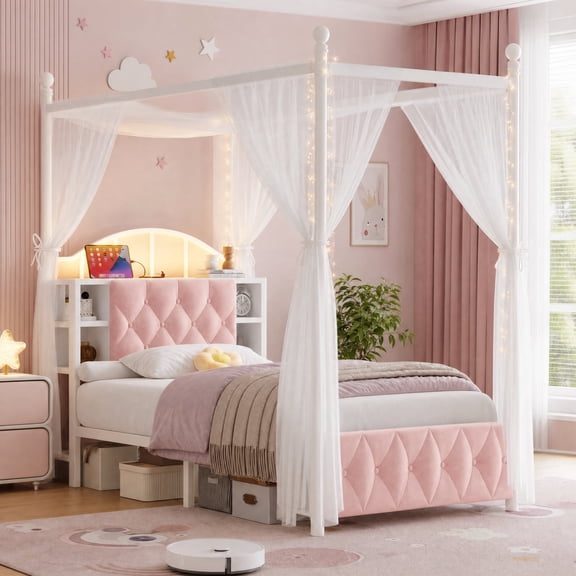 Seetech Twin Size Canopy Bed Frame with Drawer, Upholstered Storage Headboard with Charging Station and LED Light, Pink