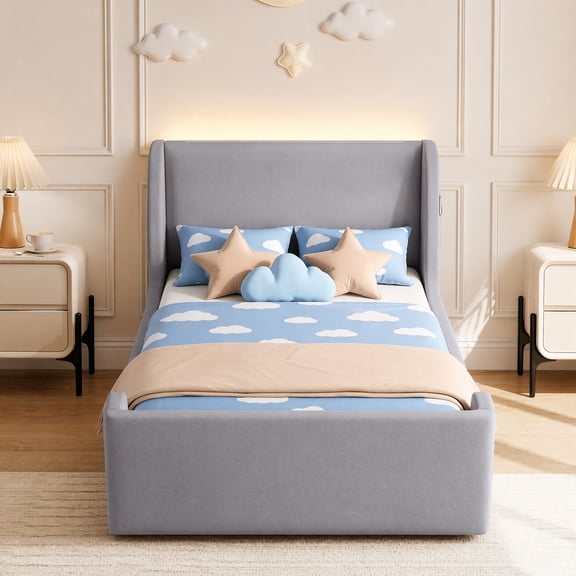 Seetech Twin Size Platform Bed Frame with LED Lights, Velvet Upholstered Bed with Side Pocket, No Box Spring Needed, Gray