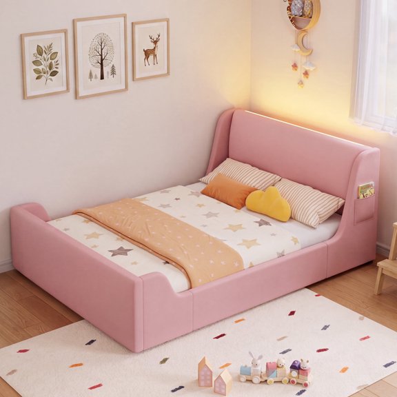 Seetech Twin Size Platform Bed Frame with LED Lights, Velvet Upholstered Bed with Side Pocket, No Box Spring Needed, Pink