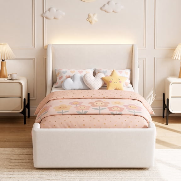 Seetech Twin Size Platform Bed Frame with LED Lights, Velvet Upholstered Bed with Side Pocket, No Box Spring Needed, White