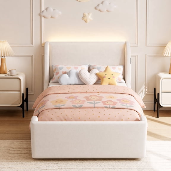 Seetech Twin Size Platform Bed Frame with LED Lights, Velvet Upholstered Bed with Side Pocket, No Box Spring Needed, White