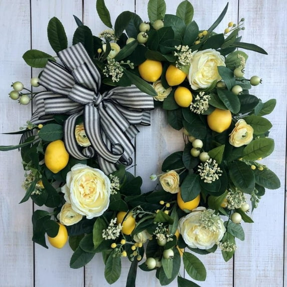 17.7" Lemon Wreath for Front Door, Spring Summer Wreath with Artificial Lemon Peony Flower and Bow, Farmhouse Lemon Decor for Home Kitchen Party Wall Window Indoor Outside