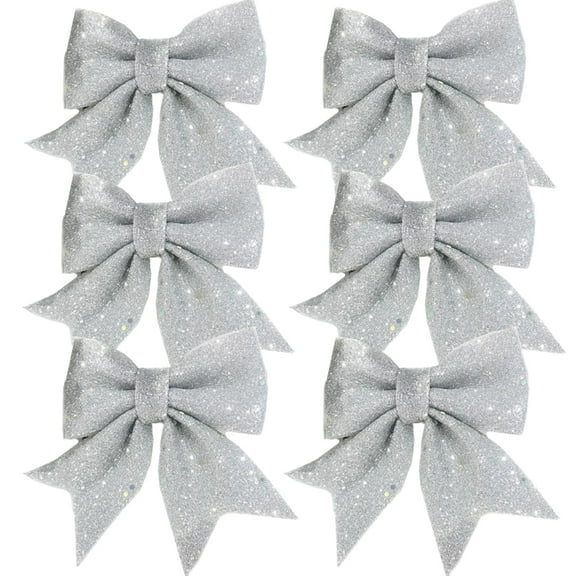 Seewan 6pcs Christmas Bow, Silver Wreaths Bows, Christmas Tree Bow Glitter, Sequin Bow Ties, Xmas Decorative Bows for Home Ornament Decoration, Christmas Party