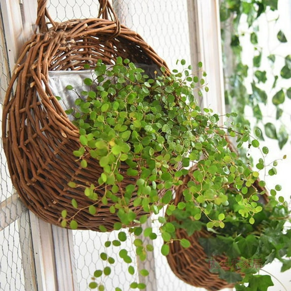 Handmade Woven Hanging Basket Wall Hanging Flower Pot Wicker Weaving Flower Pot Natural Wicker Storage Basket for Home Garden Wedding Wall Decorations