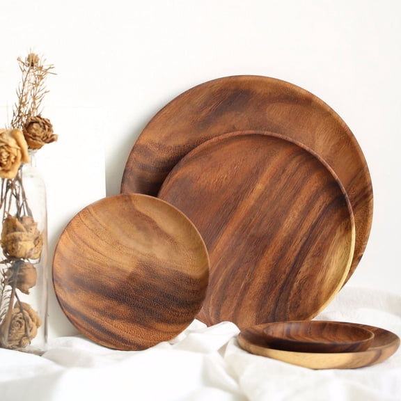 Seewan Round Wood Dish, Plate Acacia Wooden for Cake, Sweets Fruit Dessert Coffee Dish, Dinner Tableware Plates, Tray for Home Decoration