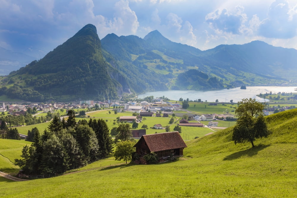 Seewen a village on Lake Lauerz Schwyz Canton Switzerland Canvas Art - Ken Welsh Design Pics (19 x 12)