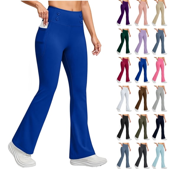 Seffadzy Flare Leggings for Women Fleece Lined Thermal Warm Work Pants Bootcut Yoga Pants with Pockets Blue 2XL