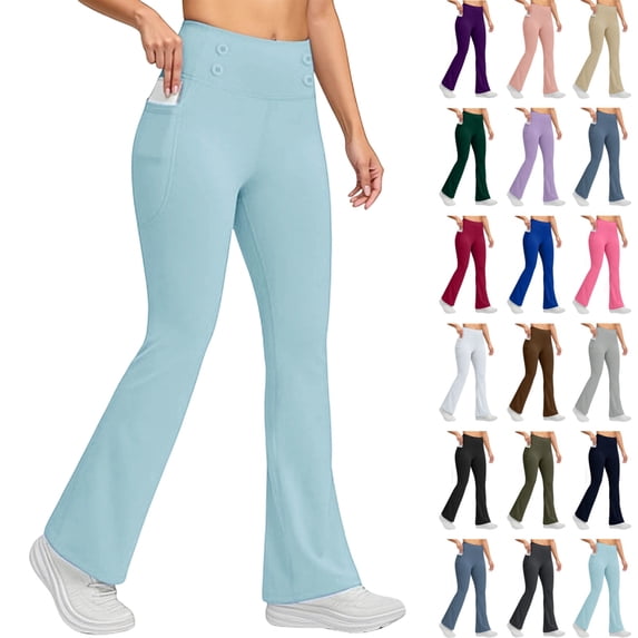 Seffadzy Flare Leggings for Women Fleece Lined Thermal Warm Work Pants Bootcut Yoga Pants with Pockets Light Blue L