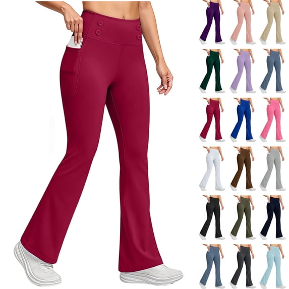Seffadzy Flare Leggings for Women Fleece Lined Thermal Warm Work Pants Bootcut Yoga Pants with Pockets Wine 2XL