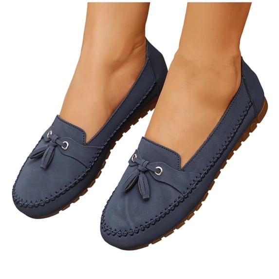 Seffadzy Loafers for Women PU Leather Slip On Low Heel Comfortable Lightweight Plus Size Casual Flats for Office Daily Wear Navy 37