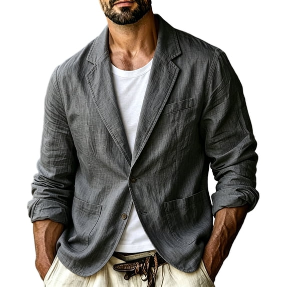 Seffadzy Men's Cotton Linen Blazer Casual Long Sleeve Two Button Lightweight Suit Jacket with Pockets Solid Color Sport Coat Dark Gray 2XL