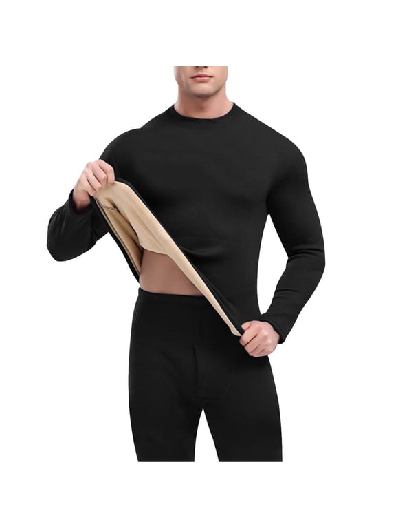 Men's Pack Thermal Underwear Mid Neck Long Sleeve Fleece Lined Top and Pants Solid Color Base Layer for Winter Cold Weather Black 4XL
