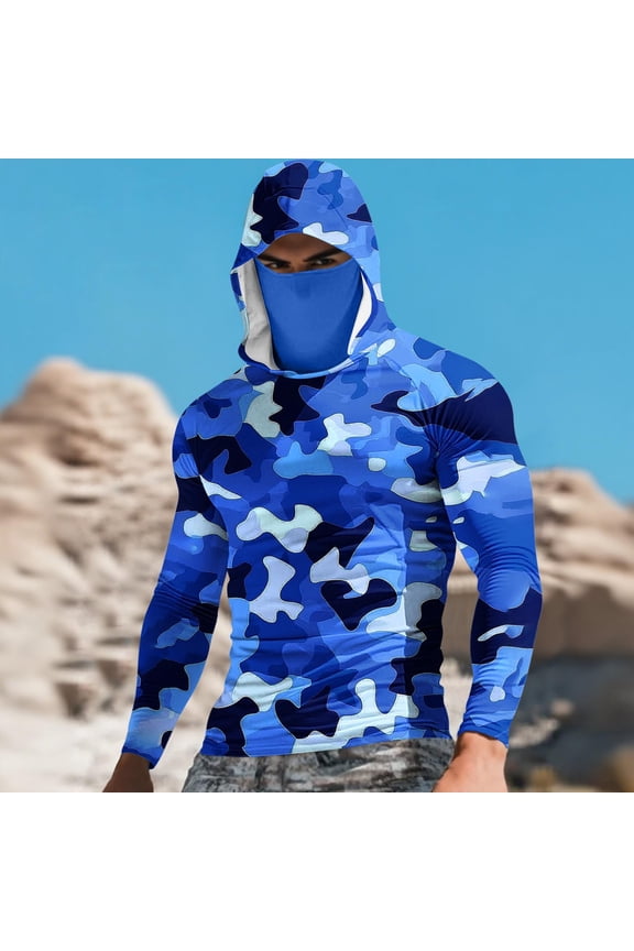 Men's Printed Pullover Hooded Face Cover Ice Silk Sun Protection Clothing Top Suitable For Outdoor Sports And Casual Wear, With Sun Protection Function_Blue_2XL