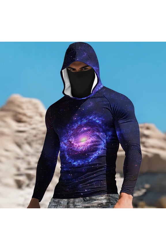 Men's Printed Pullover Hooded Face Cover Ice Silk Sun Protection Clothing Top Suitable For Outdoor Sports And Casual Wear, With Sun Protection Function_Purple_S