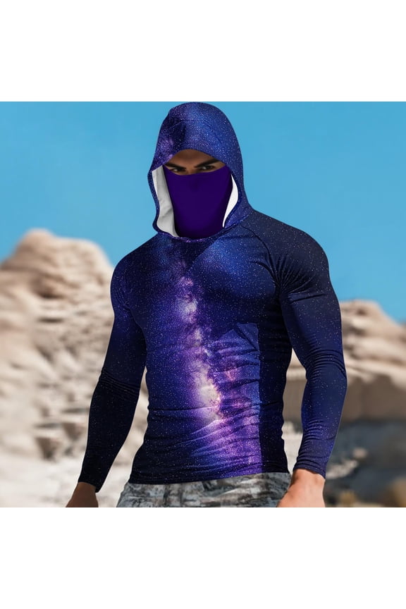 Men's Printed Pullover Hooded Face Cover Ice Silk Sun Protection Clothing Top Suitable For Outdoor Sports And Casual Wear, With Sun Protection Function_Purple_M
