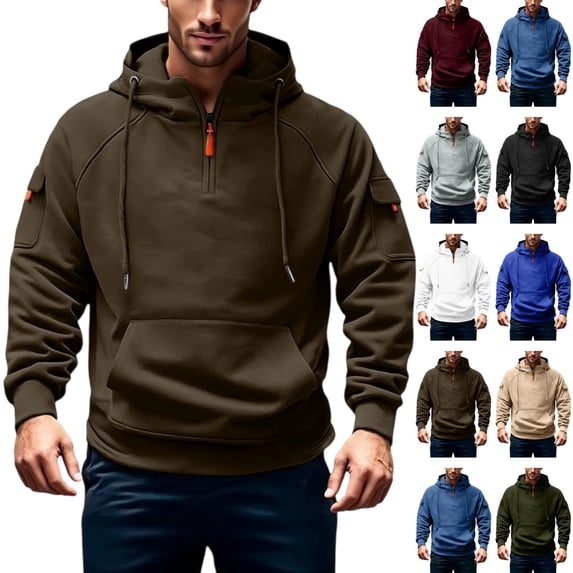 Seffadzy Men's Quarter Zip Hooded Pullover Sweatshirt with Pockets Drawstring Long Sleeve Casual Athletic Top Coffee XL