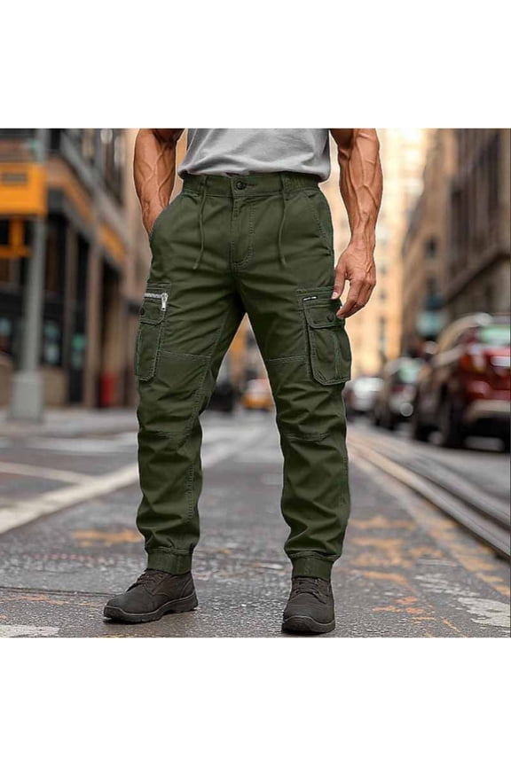 Men's Solid Color Cuffed Pants Men's Multi-Pocket Cargo Pants with Elastic Drawstring Waist for Outdoor Mountaineering SportsSuitable For Travel,Outdoor SportsArmy GreenXS