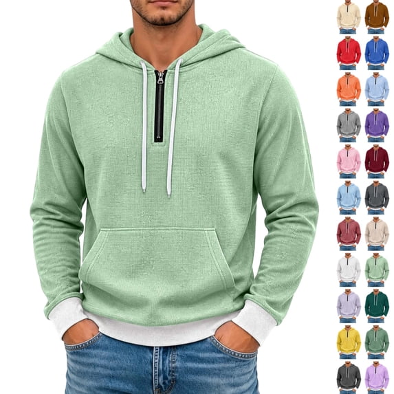 Seffadzy Men's Waffle Knit Hooded Quarter Zip Pullover Sweatshirt with Pockets Drawstring Long Sleeve Solid Color Casual Top Mint Green XL