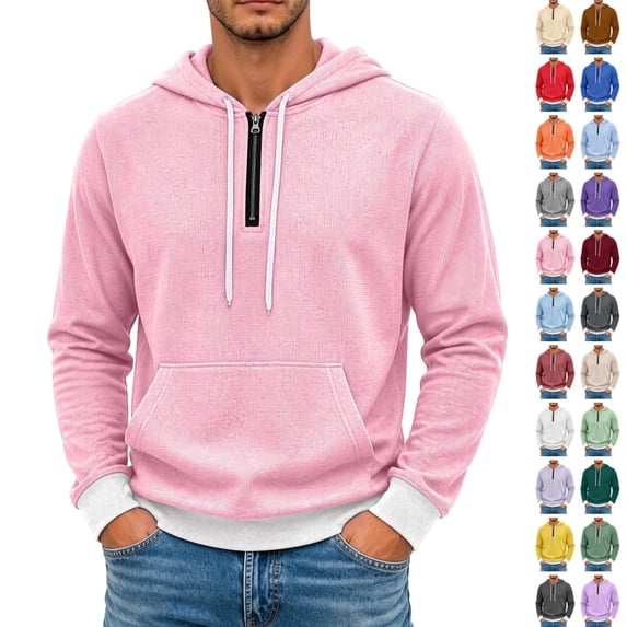 Seffadzy Men's Waffle Knit Hooded Quarter Zip Pullover Sweatshirt with Pockets Drawstring Long Sleeve Solid Color Casual Top Pink XL