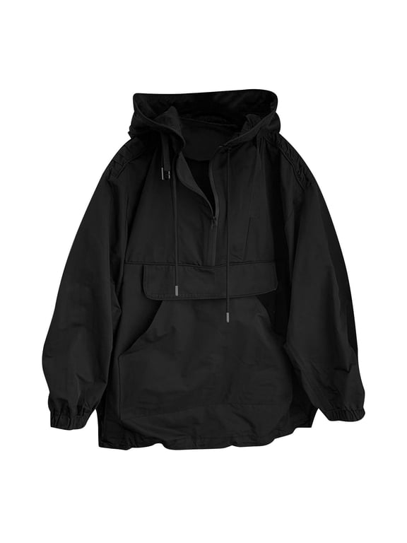 Unisex Half Zip Hooded Waterproof Windbreaker Jacket Solid Color Pullover Casual Outerwear For Outdoor Hiking Black L