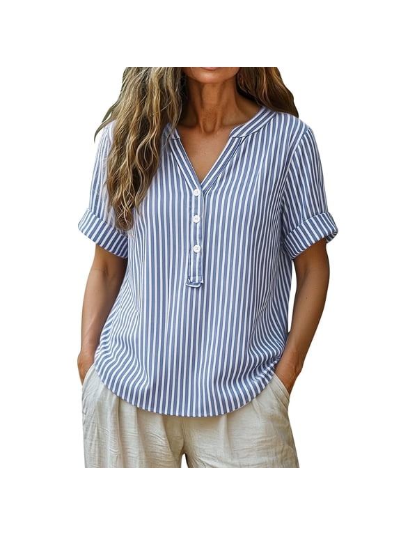 Women Plus Size Cotton and Linen Shirts Striped Quarter Button Short Sleeve V-Neck Shirts Casual Loose Fit Beach Tee Shirts
