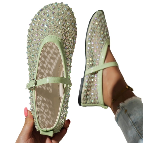 Seffadzy Women Rhinestone Mesh Summer Mary Jane Ballet Flats, Breathable Crystal Embellished Slip-On Shoes with Adjustable Strap Green 41
