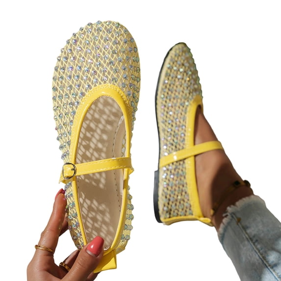 Seffadzy Women Rhinestone Mesh Summer Mary Jane Ballet Flats, Breathable Crystal Embellished Slip-On Shoes with Adjustable Strap Yellow 39