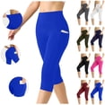 thumbnail image 1 of Seffadzy Women's Capris Leggings High Waisted Tummy Control Pocket Stretchy Solid Color Casual Sports Fitness Workout Yoga Pants Blue L, 1 of 2