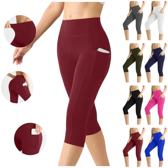 Seffadzy Women's Capris Leggings High Waisted Tummy Control Pocket Stretchy Solid Color Casual Sports Fitness Workout Yoga Pants Wine S